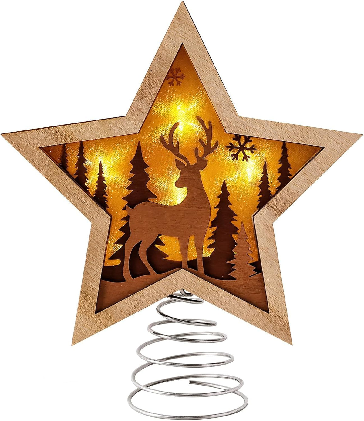 Christmas Star Tree Topper, Rustic Reindeer Wooden Tree Toppers with Warm Lights, Battery Operated LED Christmas Tree Decorations, Christmas Tree Topper Star Lighted for Indoor Home Display