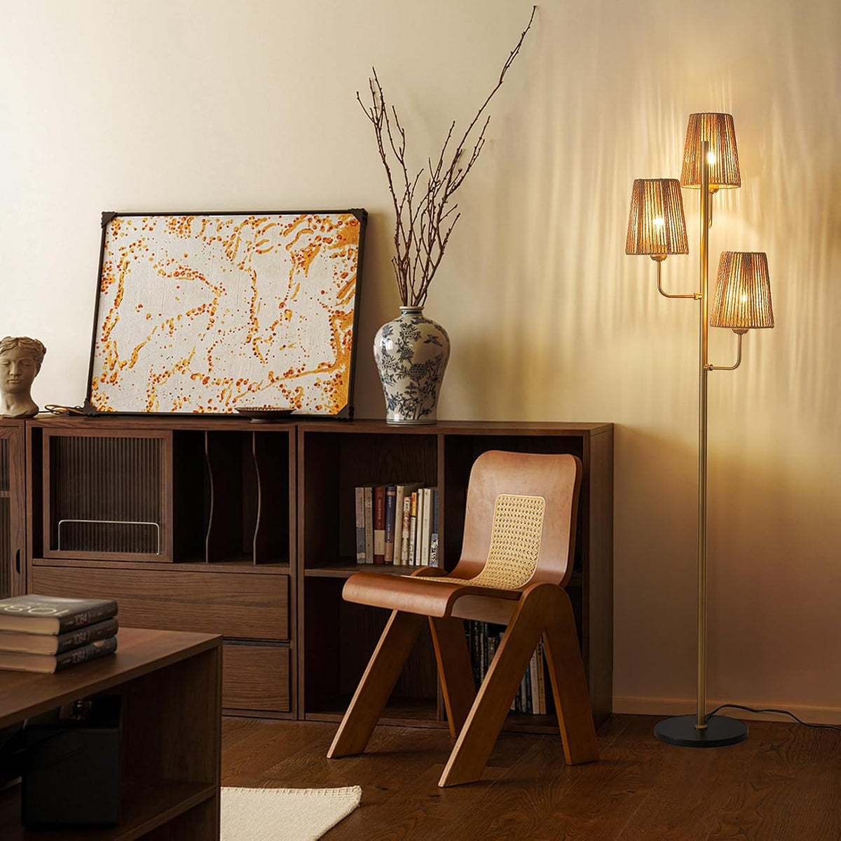 Rattan Floor Lamp for Living Room:3 Light Boho Floor Lamp for Bedroom, Gold Standing Lamp with Foot Switch, Coastal Rustic Tall Lamp, No Bulb