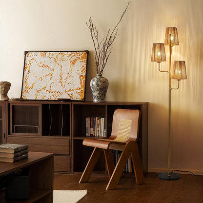 Rattan Floor Lamp for Living Room:3 Light Boho Floor Lamp for Bedroom, Gold Standing Lamp with Foot Switch, Coastal Rustic Tall Lamp, No Bulb