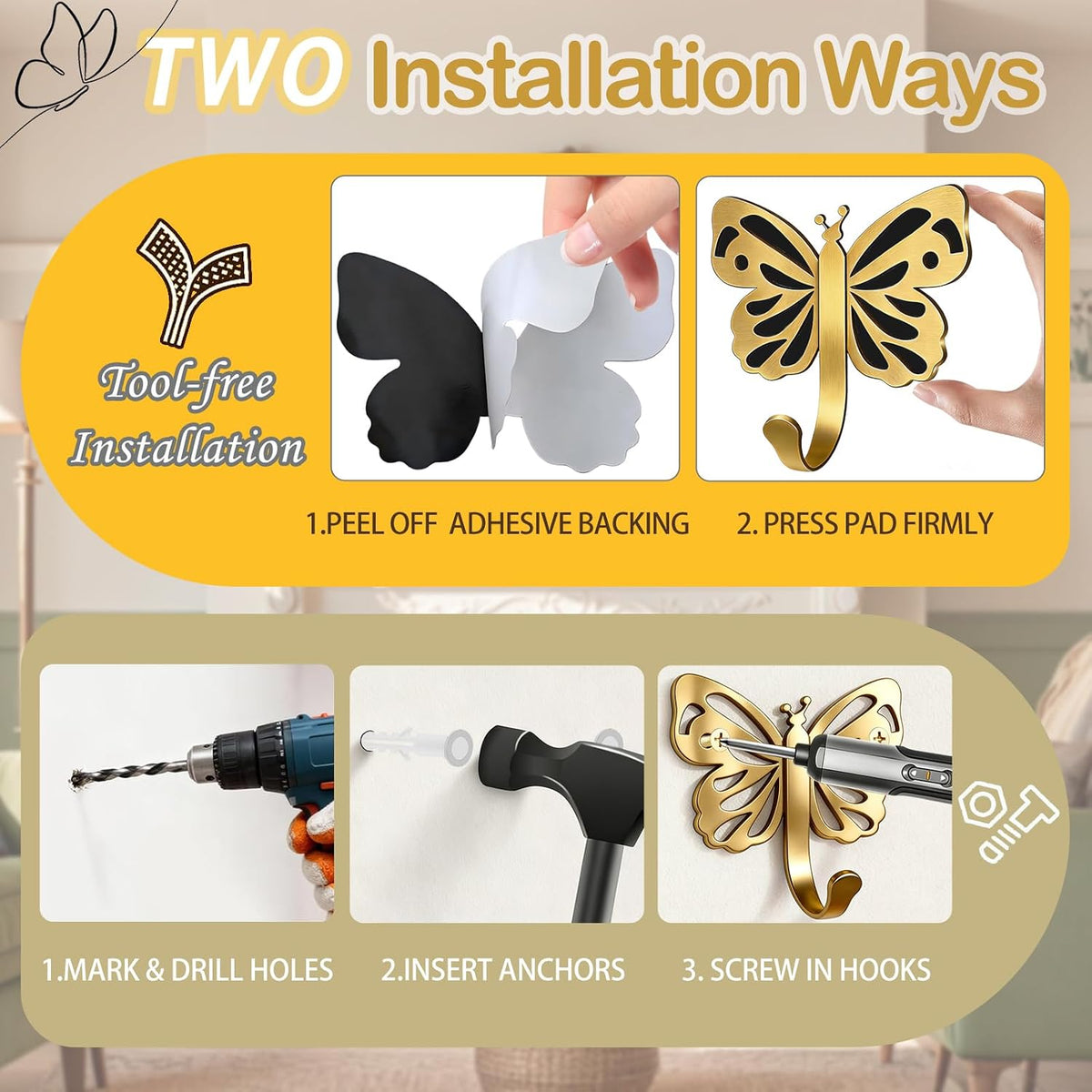 Butterfly Heavy Duty Robe & Towel Hooks for Wall – 20LB Gold Brushed Towel Hooks for Bathrooms , Towel/Coat Hooks for Wall,For Outdoor, Closet, Door, Bathrooms, for Backpack, Robe，Wreath (2, Gold)