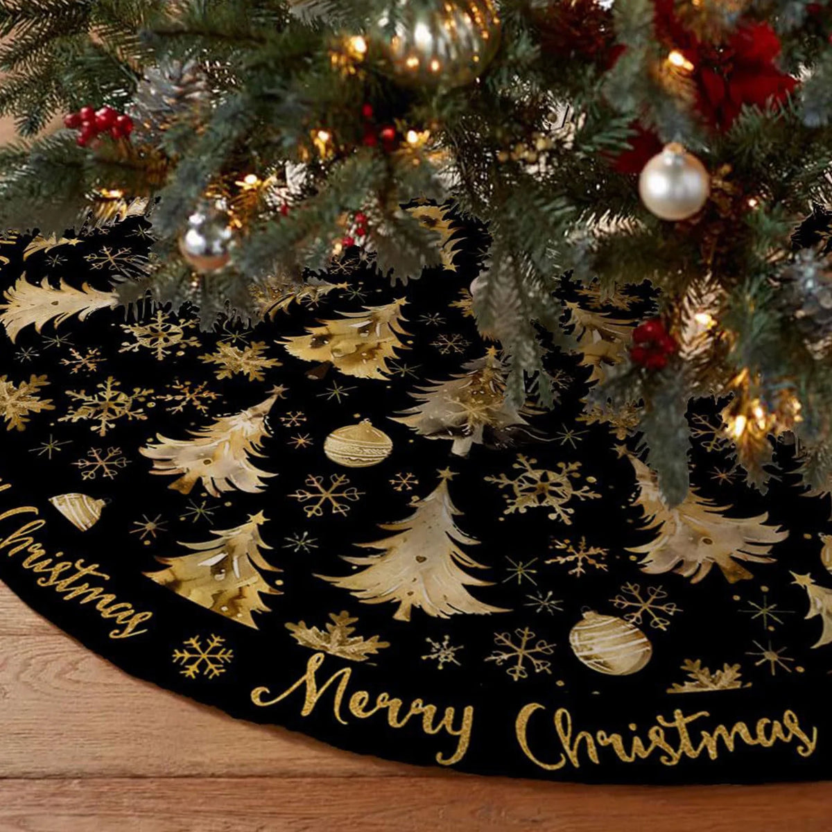 47Inch Black Christmas Tree Skirt Short Plush Printed Xmas Tree Skirt with Gold Christmas Tree and Snowflake Pattern Holiday Tree Skirt for Christmas Tree Base Decor