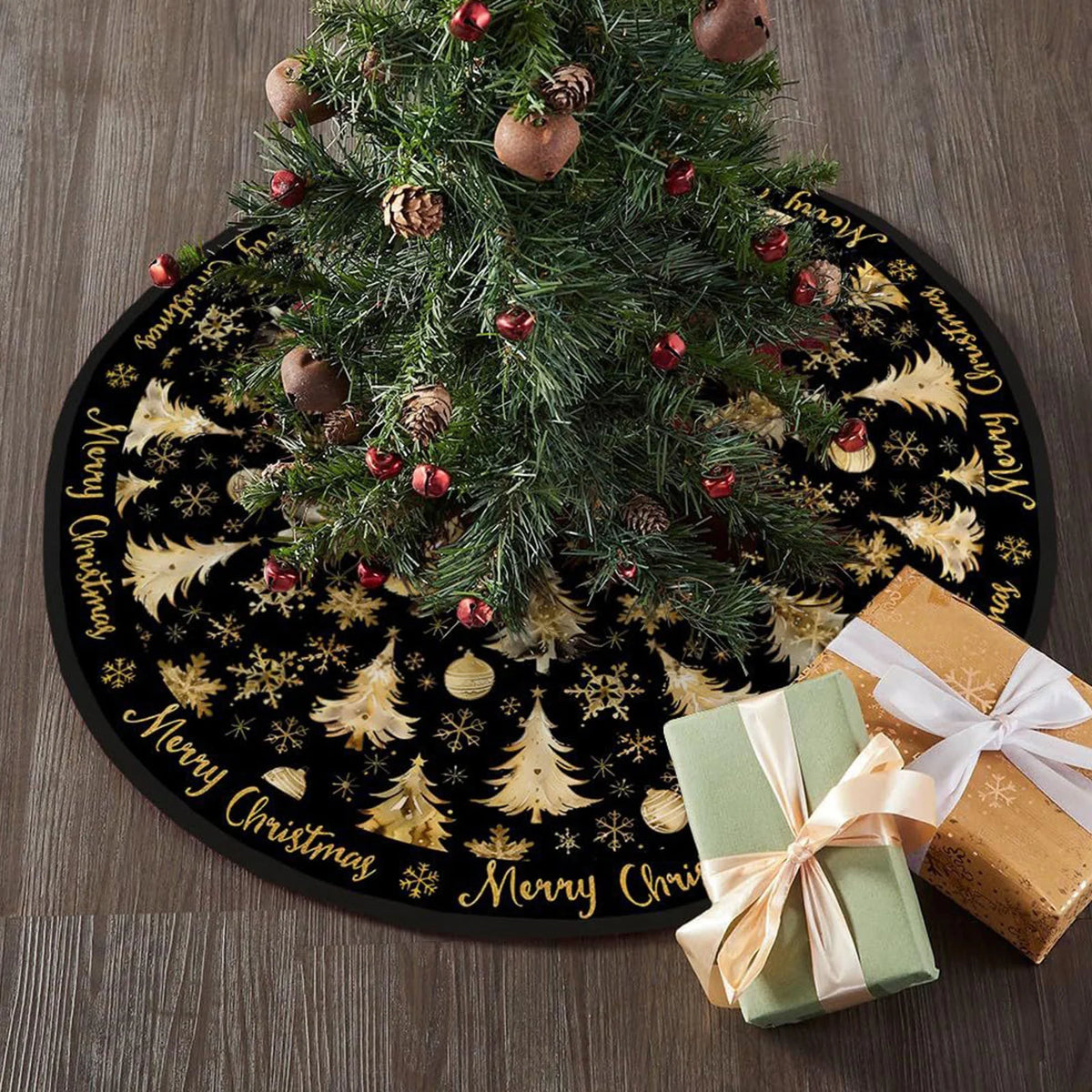47Inch Black Christmas Tree Skirt Short Plush Printed Xmas Tree Skirt with Gold Christmas Tree and Snowflake Pattern Holiday Tree Skirt for Christmas Tree Base Decor