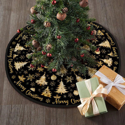 47Inch Black Christmas Tree Skirt Short Plush Printed Xmas Tree Skirt with Gold Christmas Tree and Snowflake Pattern Holiday Tree Skirt for Christmas Tree Base Decor