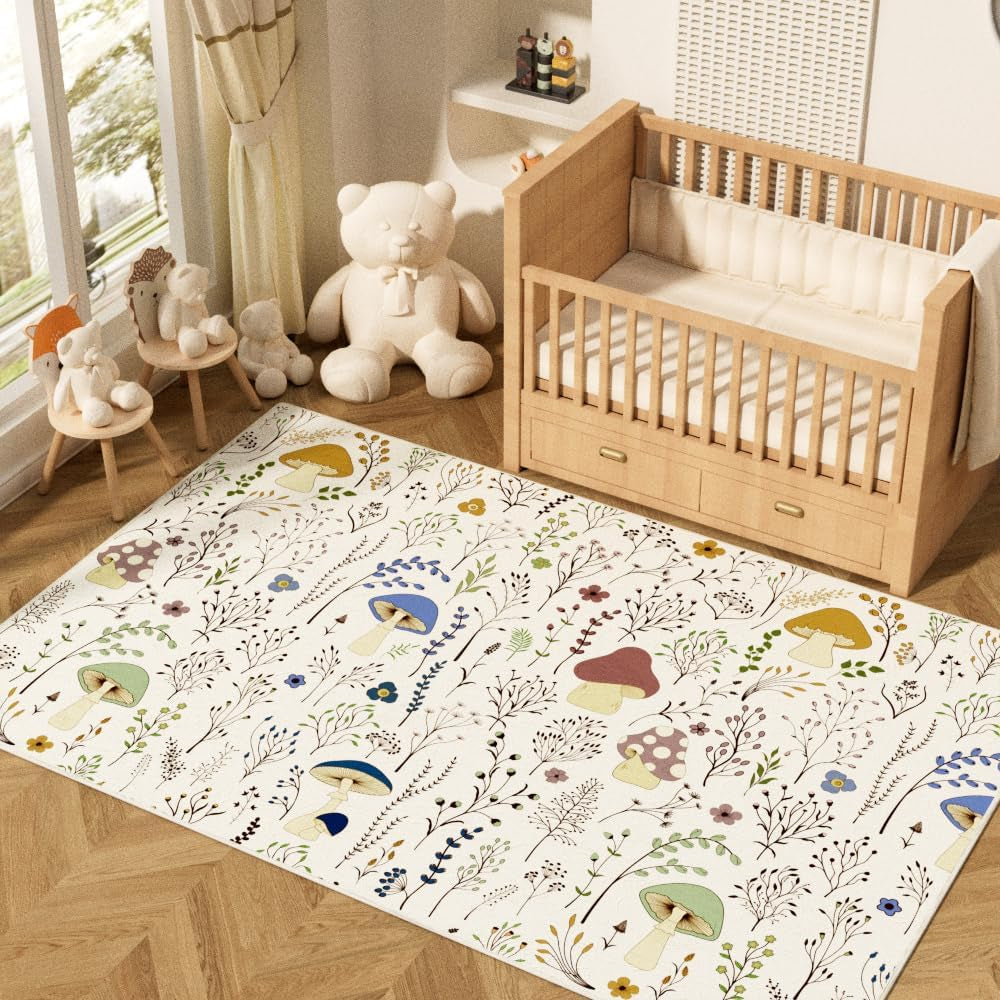 Living Room Rug 4X6 Rug Machine Washable Area Rug Non Slip Mushrooms Large Rug for Living Room, Bedroom, Nursery, Dining Room, Kids Playroom(Beige)