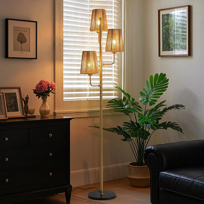 Rattan Floor Lamp for Living Room:3 Light Boho Floor Lamp for Bedroom, Gold Standing Lamp with Foot Switch, Coastal Rustic Tall Lamp, No Bulb