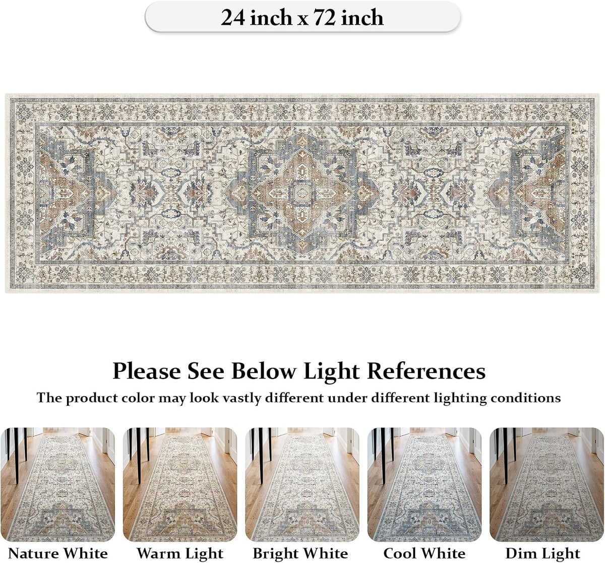 2X6 Non-Slip Washable Kitchen Vintage Runner Rug, Beige Blue
