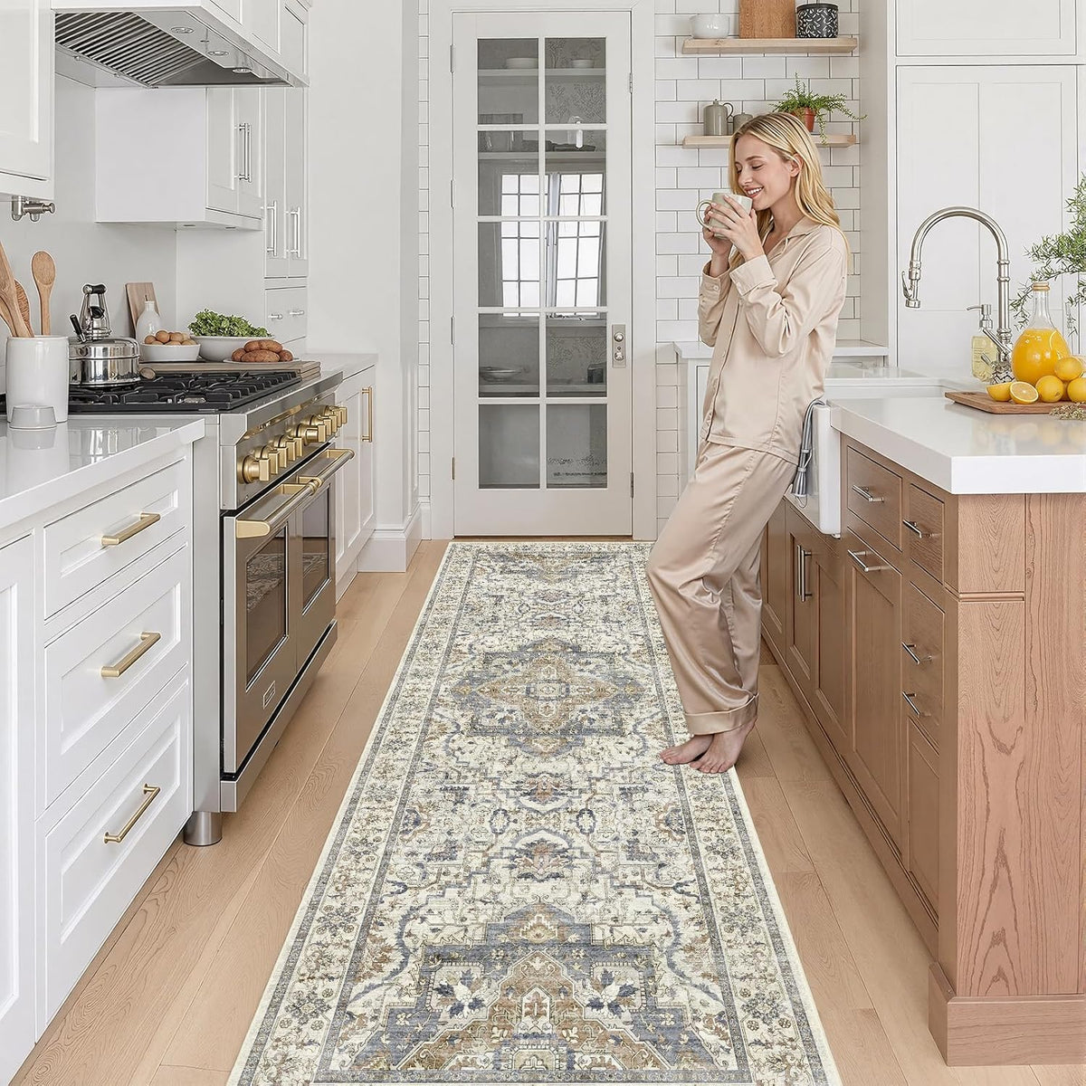 2X6 Non-Slip Washable Kitchen Vintage Runner Rug, Beige Blue