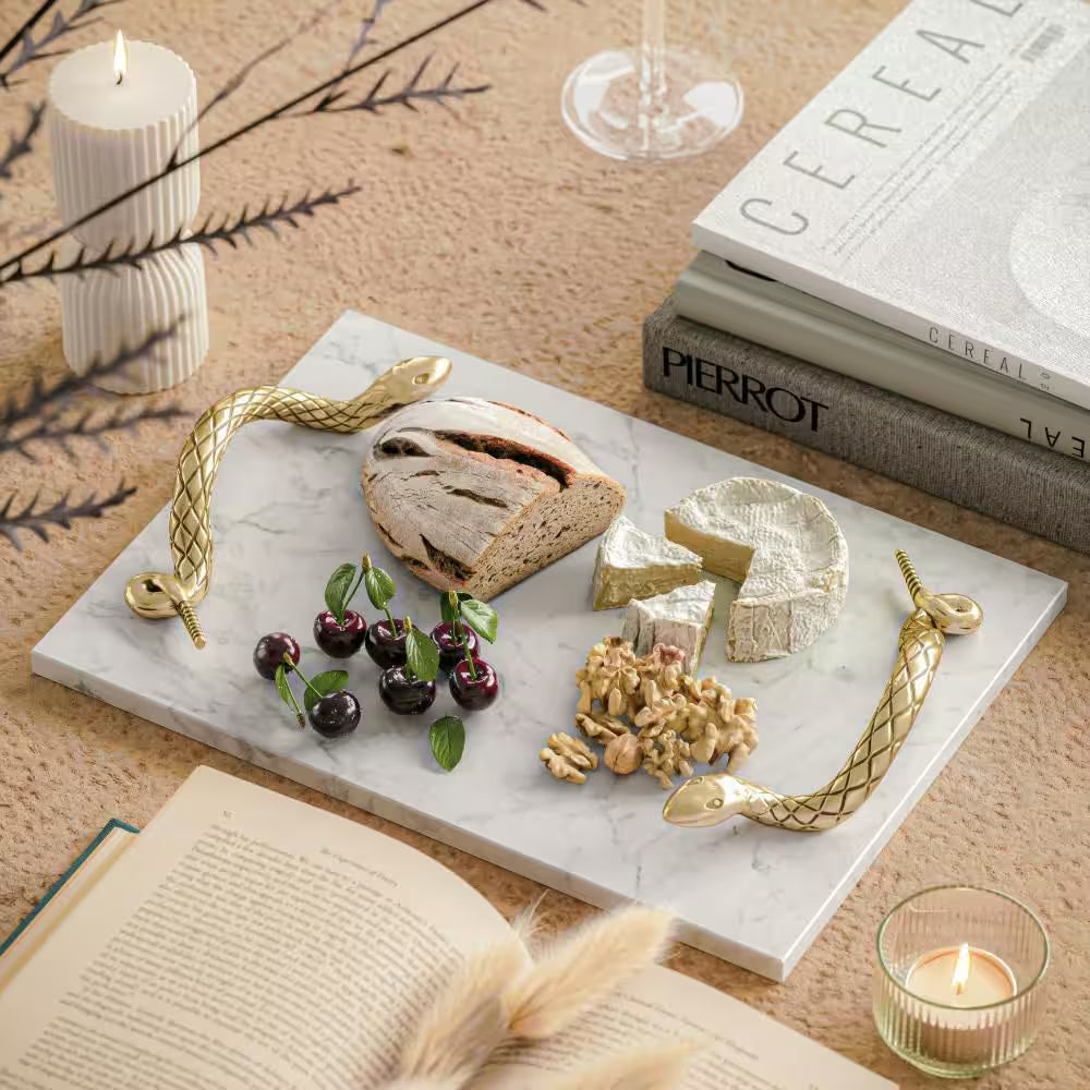 Mamba White Marble Luxury Entertaining Cheese Board with Brass Snake Handles