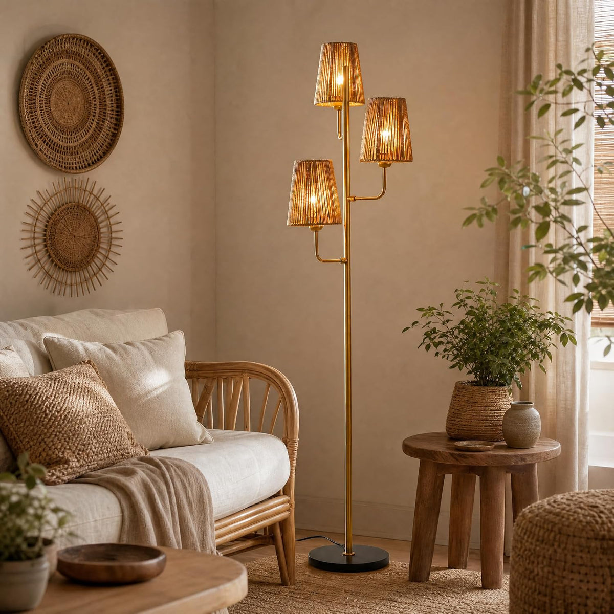 Rattan Floor Lamp for Living Room:3 Light Boho Floor Lamp for Bedroom, Gold Standing Lamp with Foot Switch, Coastal Rustic Tall Lamp, No Bulb