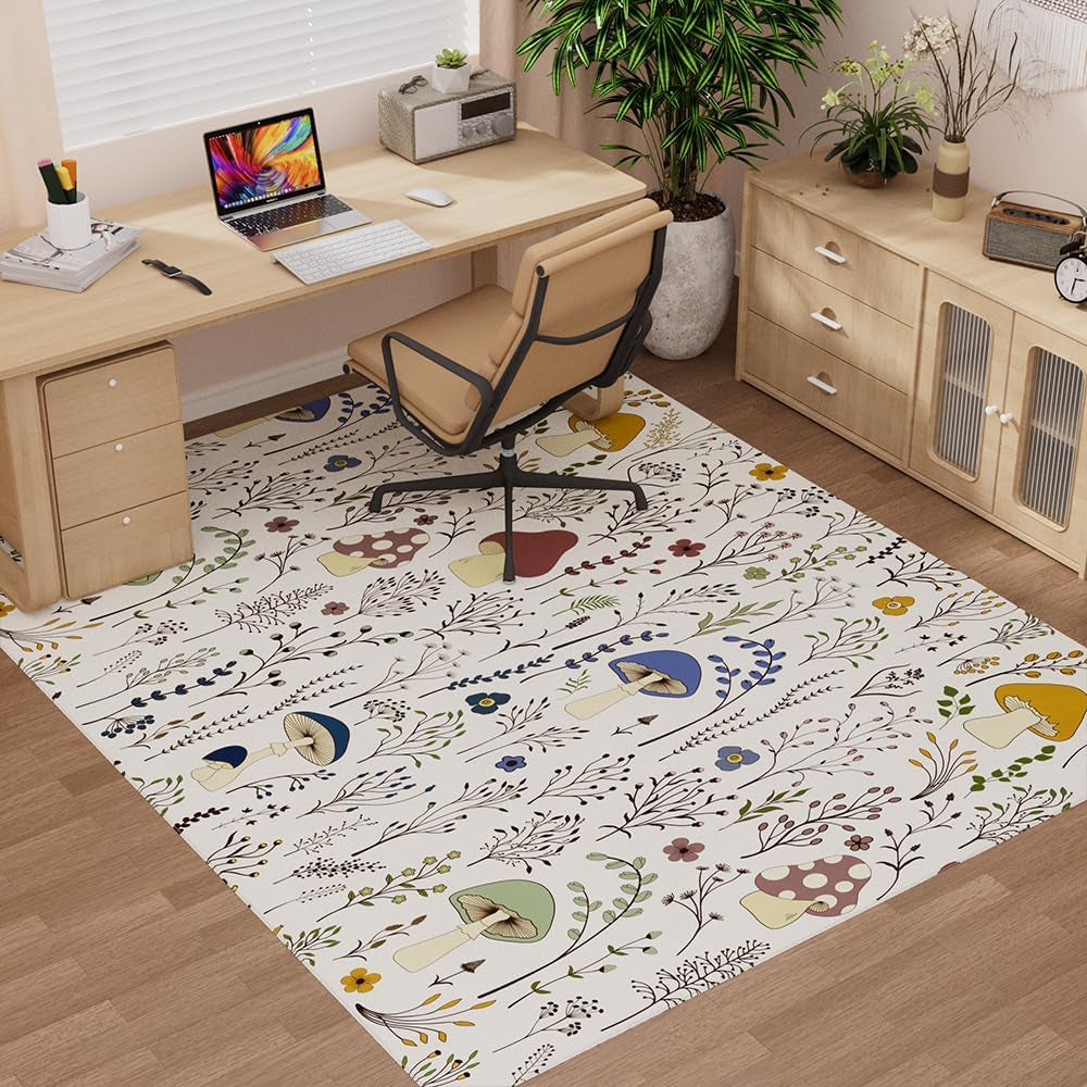Living Room Rug 4X6 Rug Machine Washable Area Rug Non Slip Mushrooms Large Rug for Living Room, Bedroom, Nursery, Dining Room, Kids Playroom(Beige)