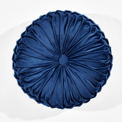 round Pleated Soft Velvet Decorative Throw Pillow, 1 Count, 15" Diameter, Navy - Blue Plush round Pillow, Seat Cushion, Decorative Pillows for Bed, Couch, or Chair