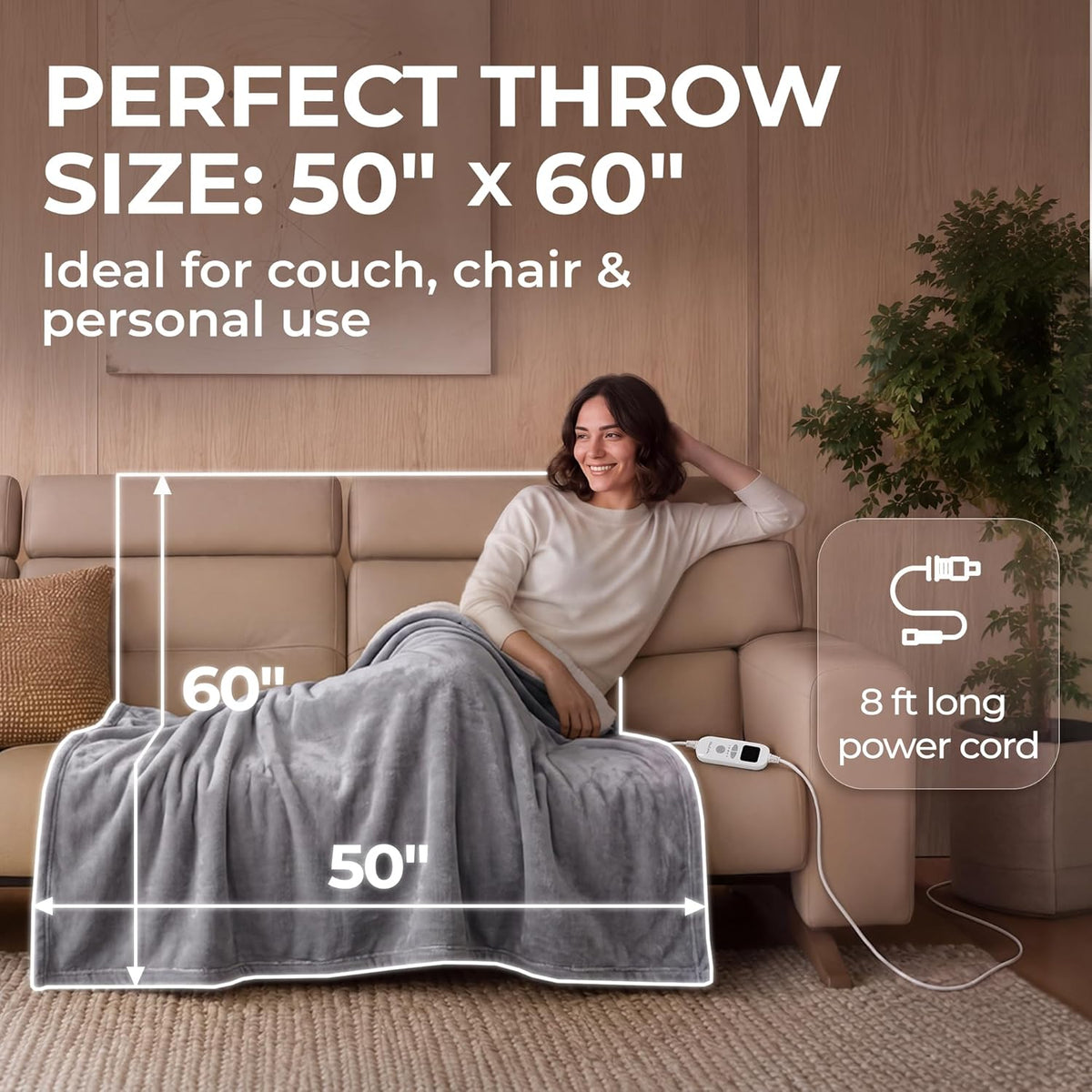 Machine Washable Heated Throw Blanket 50"X60", 8Ft Cord, 6 Levels, Electric