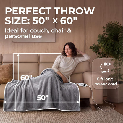 Machine Washable Heated Throw Blanket 50"X60", 8Ft Cord, 6 Levels, Electric