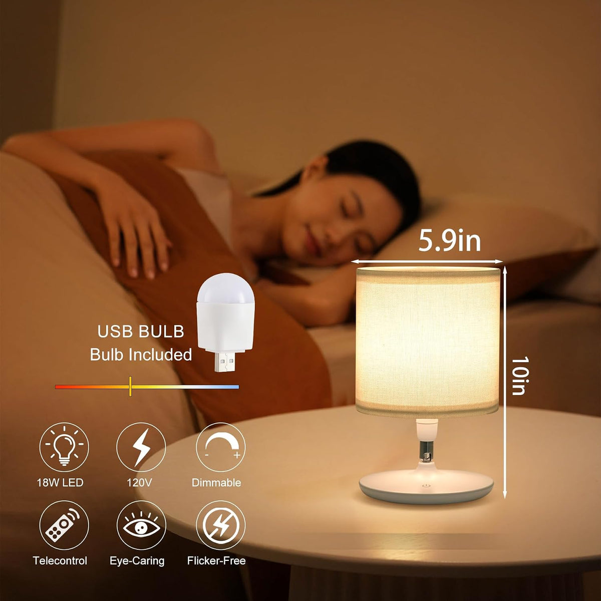 2Pcs Table Lamps Bedroom USB C+A Ports, Remote and App, Stepless Dimming and 3 Modes Dimmable Touch Nightstand Bedside USB-C Ports Small Table Lamp Fully Control Light - White