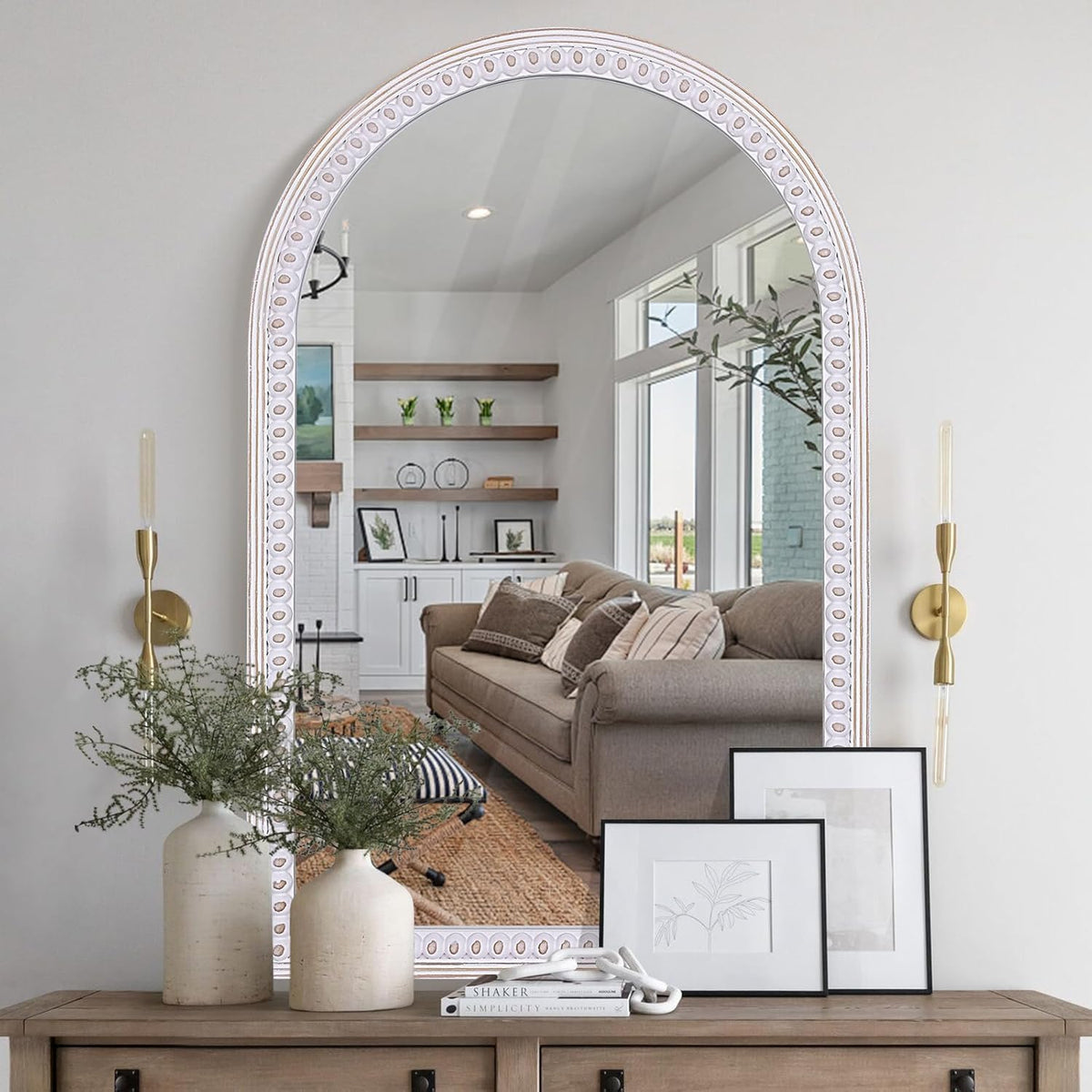 36X24 Inch Arched Mirror for Wall Decor, Wooden Arched Bathroom Mirrors