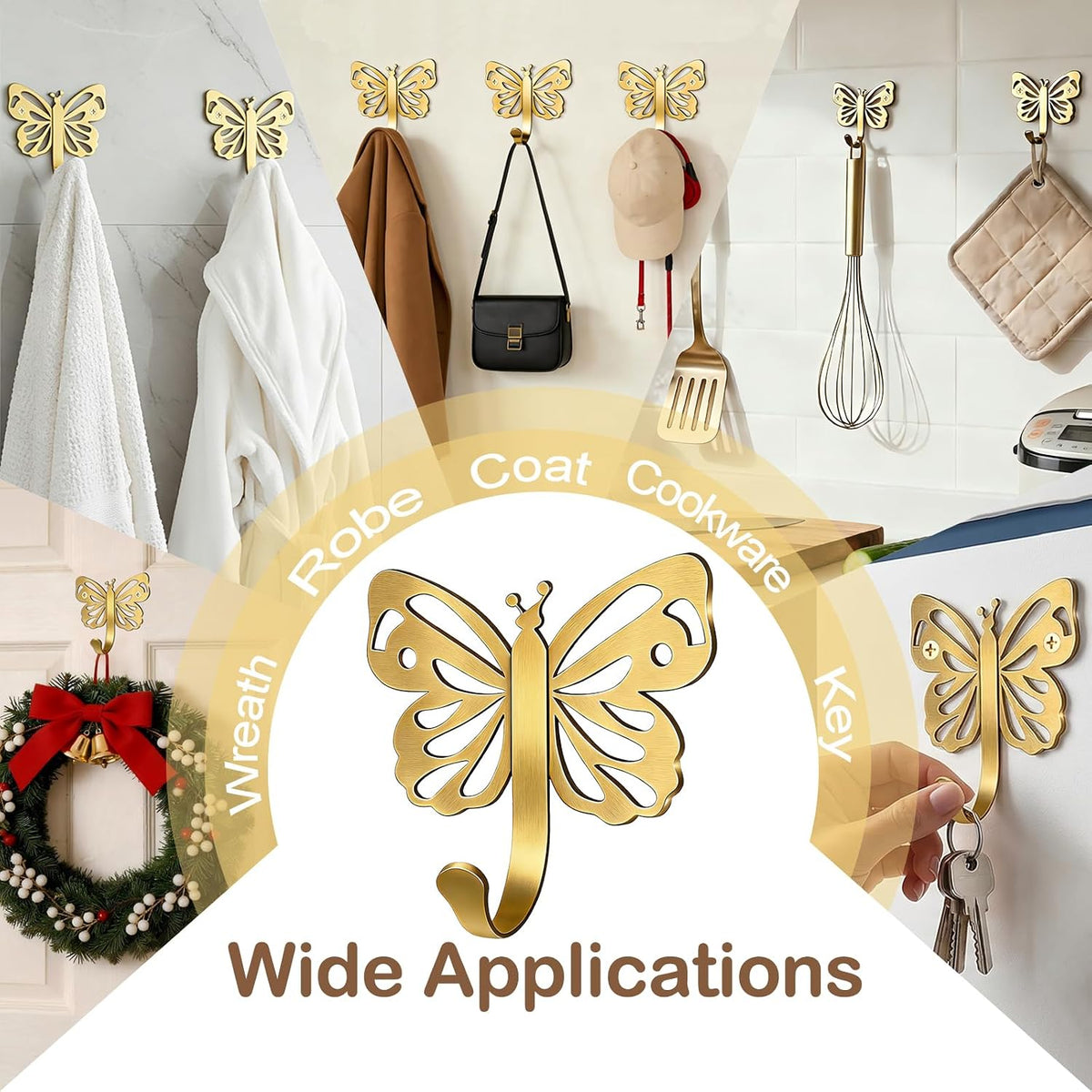 Butterfly Heavy Duty Robe & Towel Hooks for Wall – 20LB Gold Brushed Towel Hooks for Bathrooms , Towel/Coat Hooks for Wall,For Outdoor, Closet, Door, Bathrooms, for Backpack, Robe，Wreath (2, Gold)