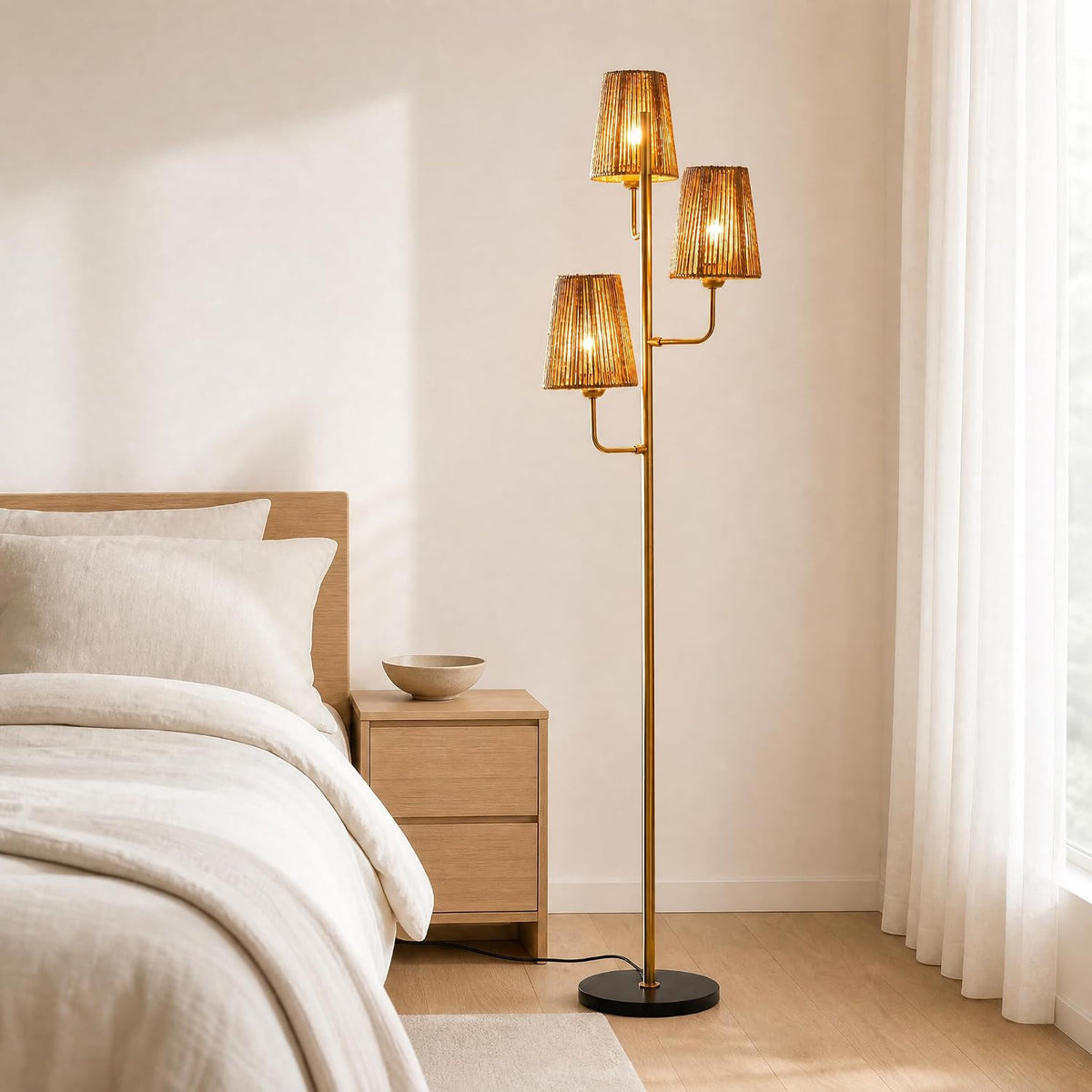 Rattan Floor Lamp for Living Room:3 Light Boho Floor Lamp for Bedroom, Gold Standing Lamp with Foot Switch, Coastal Rustic Tall Lamp, No Bulb