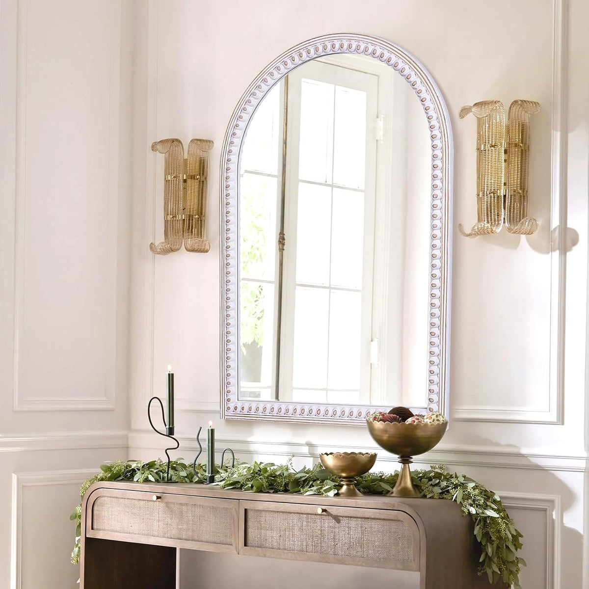 36X24 Inch Arched Mirror for Wall Decor, Wooden Arched Bathroom Mirrors