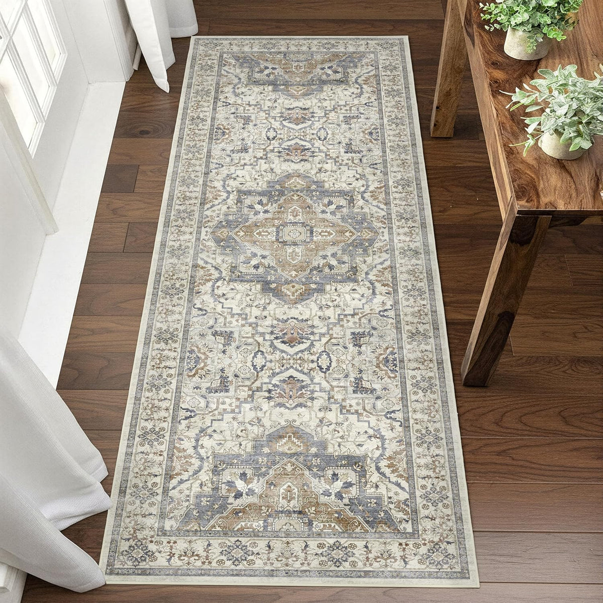 2X6 Non-Slip Washable Kitchen Vintage Runner Rug, Beige Blue