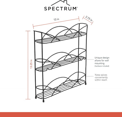 Spectrum 3 Tier Spice Rack Organizer Black Countertop Wire Shelf Spice Rack for Modern Kitchen Pantry Cabinet, Organize Spices with Three Tier Spice Shelf for Kitchen Storage with Wall Mount Option