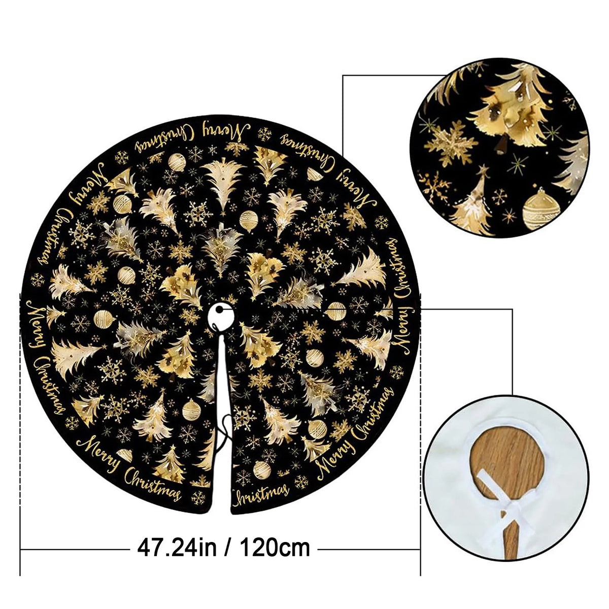 47Inch Black Christmas Tree Skirt Short Plush Printed Xmas Tree Skirt with Gold Christmas Tree and Snowflake Pattern Holiday Tree Skirt for Christmas Tree Base Decor