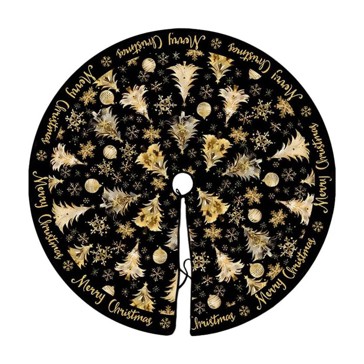 47Inch Black Christmas Tree Skirt Short Plush Printed Xmas Tree Skirt with Gold Christmas Tree and Snowflake Pattern Holiday Tree Skirt for Christmas Tree Base Decor