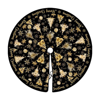 47Inch Black Christmas Tree Skirt Short Plush Printed Xmas Tree Skirt with Gold Christmas Tree and Snowflake Pattern Holiday Tree Skirt for Christmas Tree Base Decor