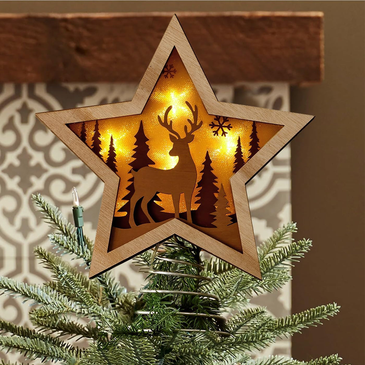 Christmas Star Tree Topper, Rustic Reindeer Wooden Tree Toppers with Warm Lights, Battery Operated LED Christmas Tree Decorations, Christmas Tree Topper Star Lighted for Indoor Home Display