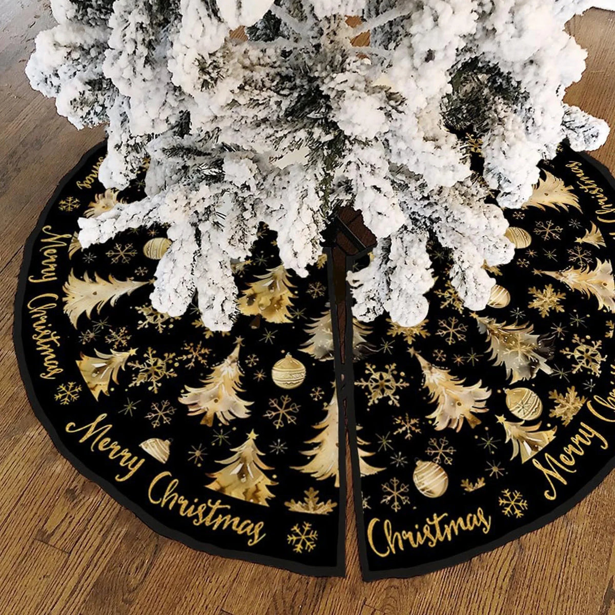 47Inch Black Christmas Tree Skirt Short Plush Printed Xmas Tree Skirt with Gold Christmas Tree and Snowflake Pattern Holiday Tree Skirt for Christmas Tree Base Decor