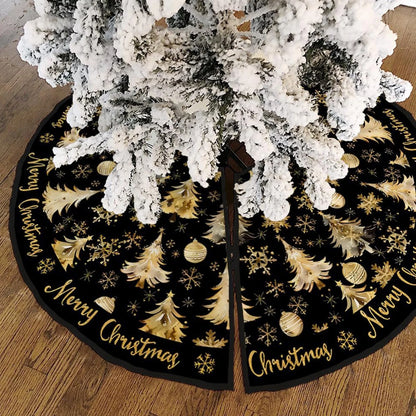 47Inch Black Christmas Tree Skirt Short Plush Printed Xmas Tree Skirt with Gold Christmas Tree and Snowflake Pattern Holiday Tree Skirt for Christmas Tree Base Decor