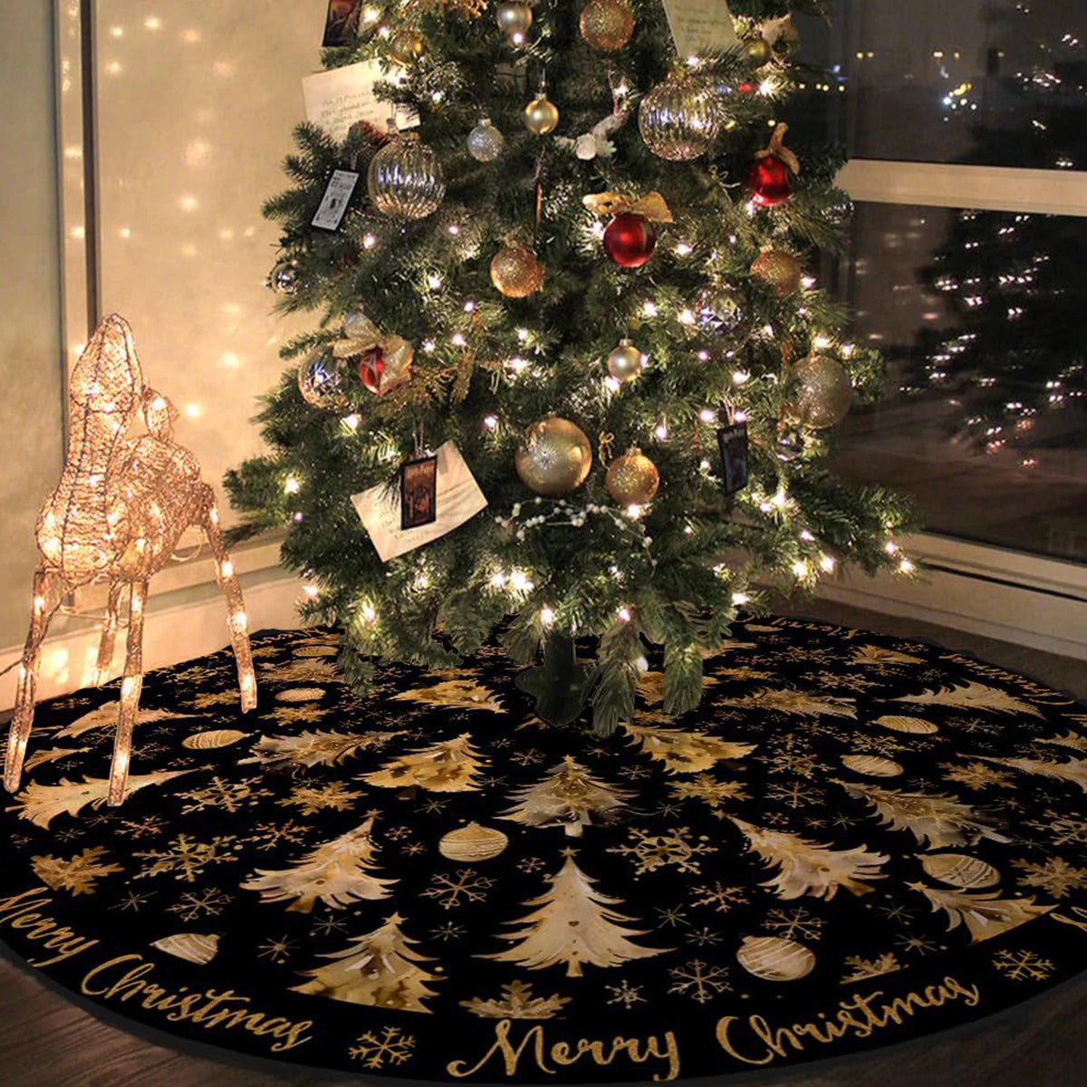 47Inch Black Christmas Tree Skirt Short Plush Printed Xmas Tree Skirt with Gold Christmas Tree and Snowflake Pattern Holiday Tree Skirt for Christmas Tree Base Decor