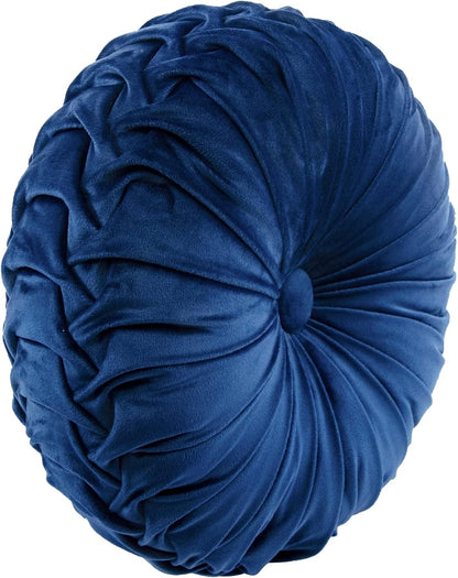 round Pleated Soft Velvet Decorative Throw Pillow, 1 Count, 15" Diameter, Navy - Blue Plush round Pillow, Seat Cushion, Decorative Pillows for Bed, Couch, or Chair