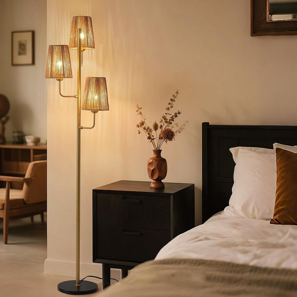 Rattan Floor Lamp for Living Room:3 Light Boho Floor Lamp for Bedroom, Gold Standing Lamp with Foot Switch, Coastal Rustic Tall Lamp, No Bulb