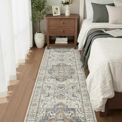 2X6 Non-Slip Washable Kitchen Vintage Runner Rug, Beige Blue