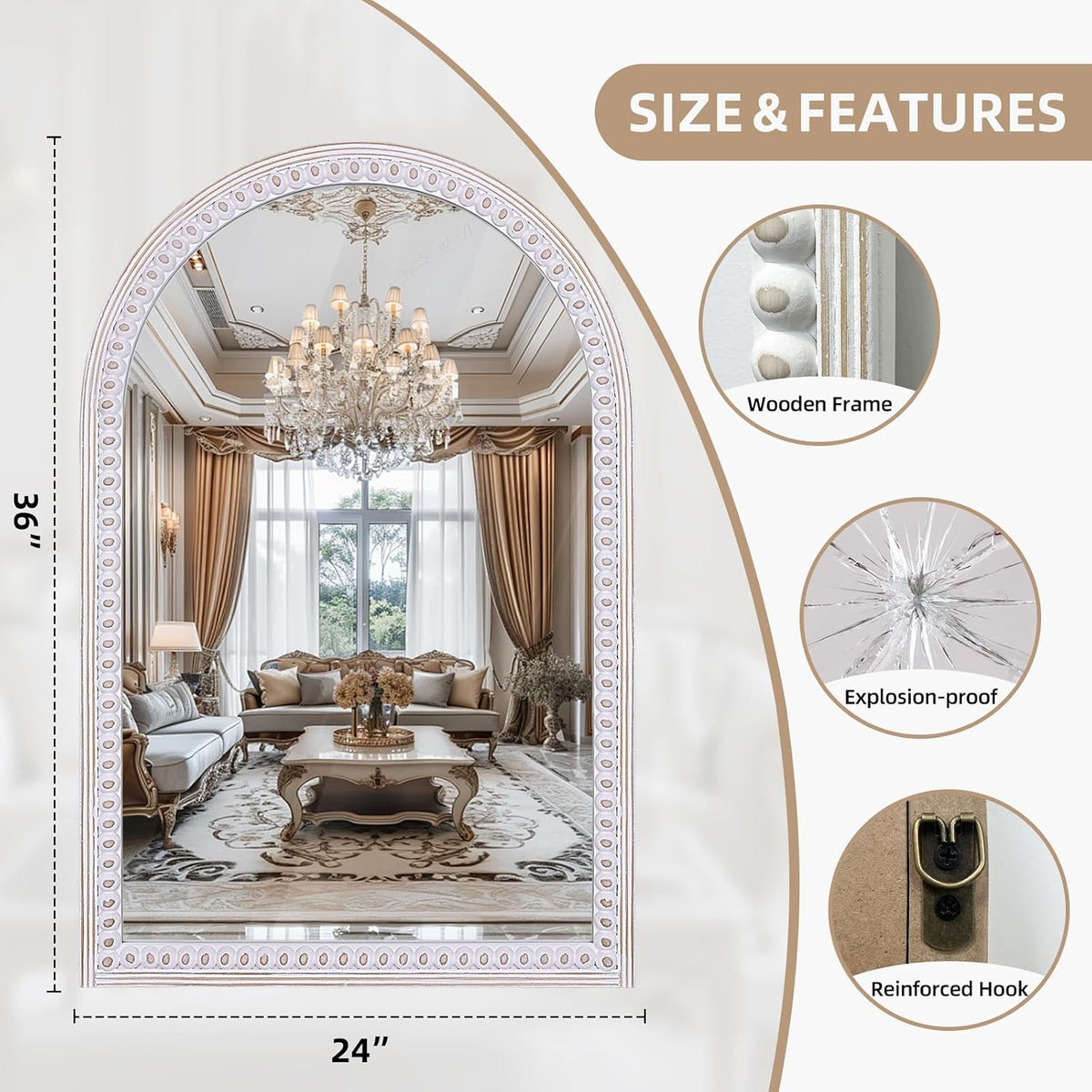36X24 Inch Arched Mirror for Wall Decor, Wooden Arched Bathroom Mirrors