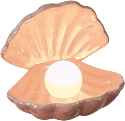 Shell Pearl Light, LED Ceramic Pearl in Shell Night Light Desktop Portable Ocean-Inspired Seashell Lamp for Bedroom Home Decor, Pink