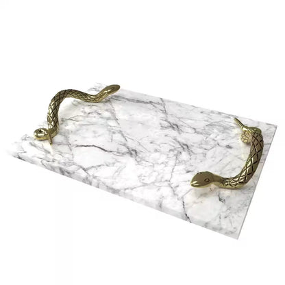 Mamba White Marble Luxury Entertaining Cheese Board with Brass Snake Handles
