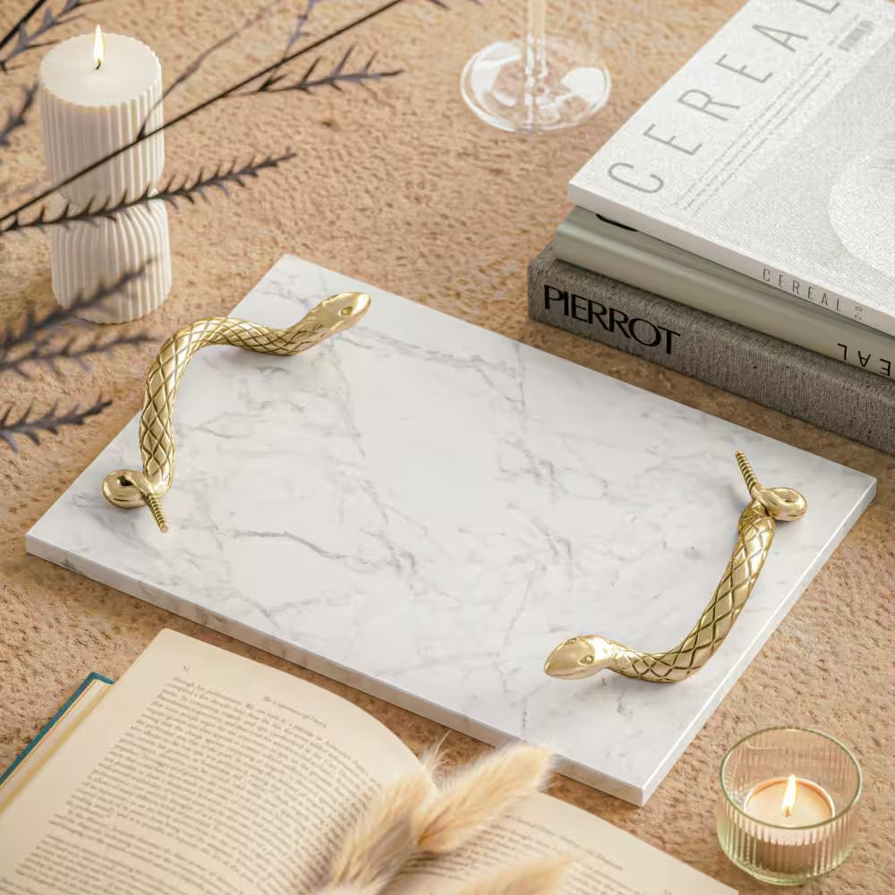 Mamba White Marble Luxury Entertaining Cheese Board with Brass Snake Handles