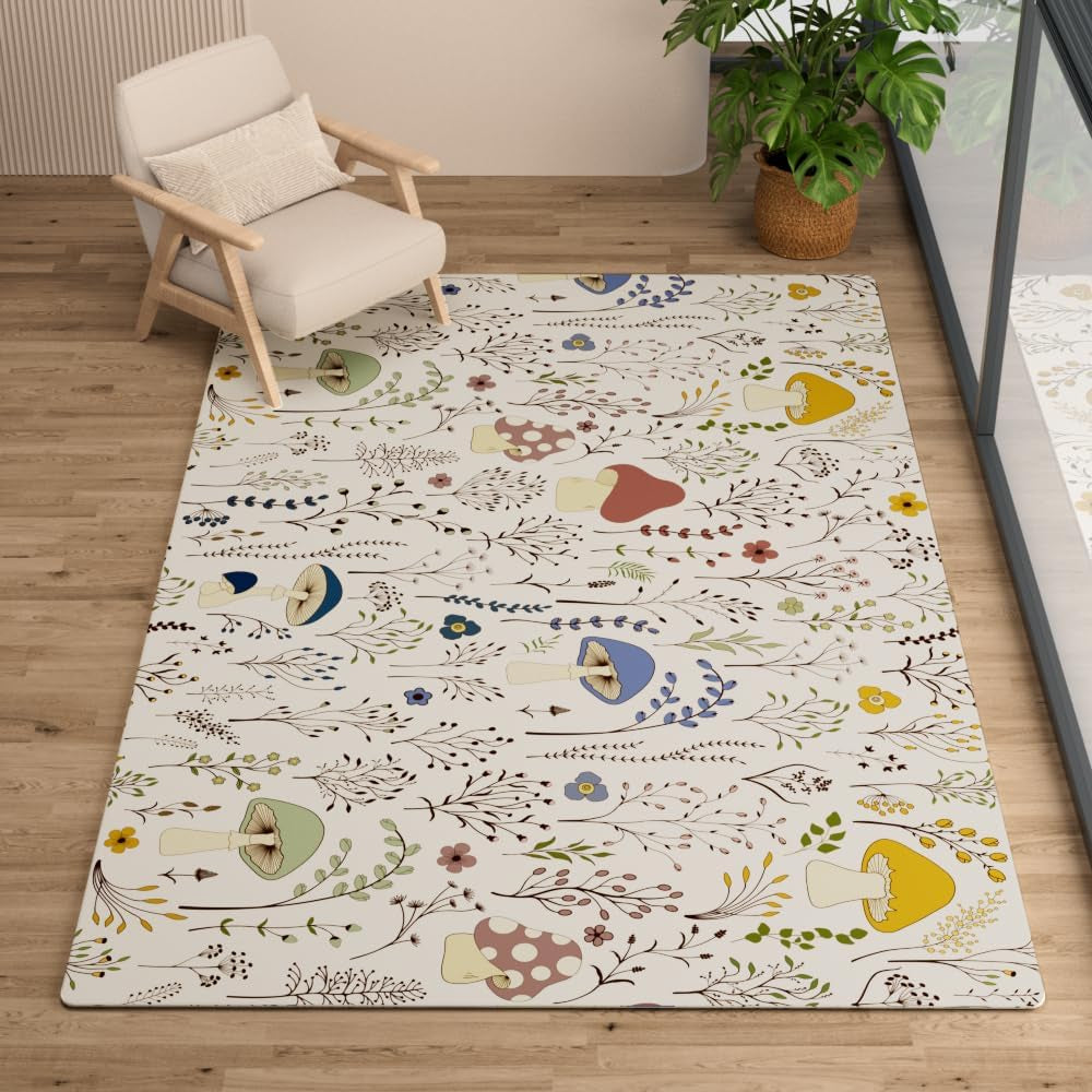 Living Room Rug 4X6 Rug Machine Washable Area Rug Non Slip Mushrooms Large Rug for Living Room, Bedroom, Nursery, Dining Room, Kids Playroom(Beige)