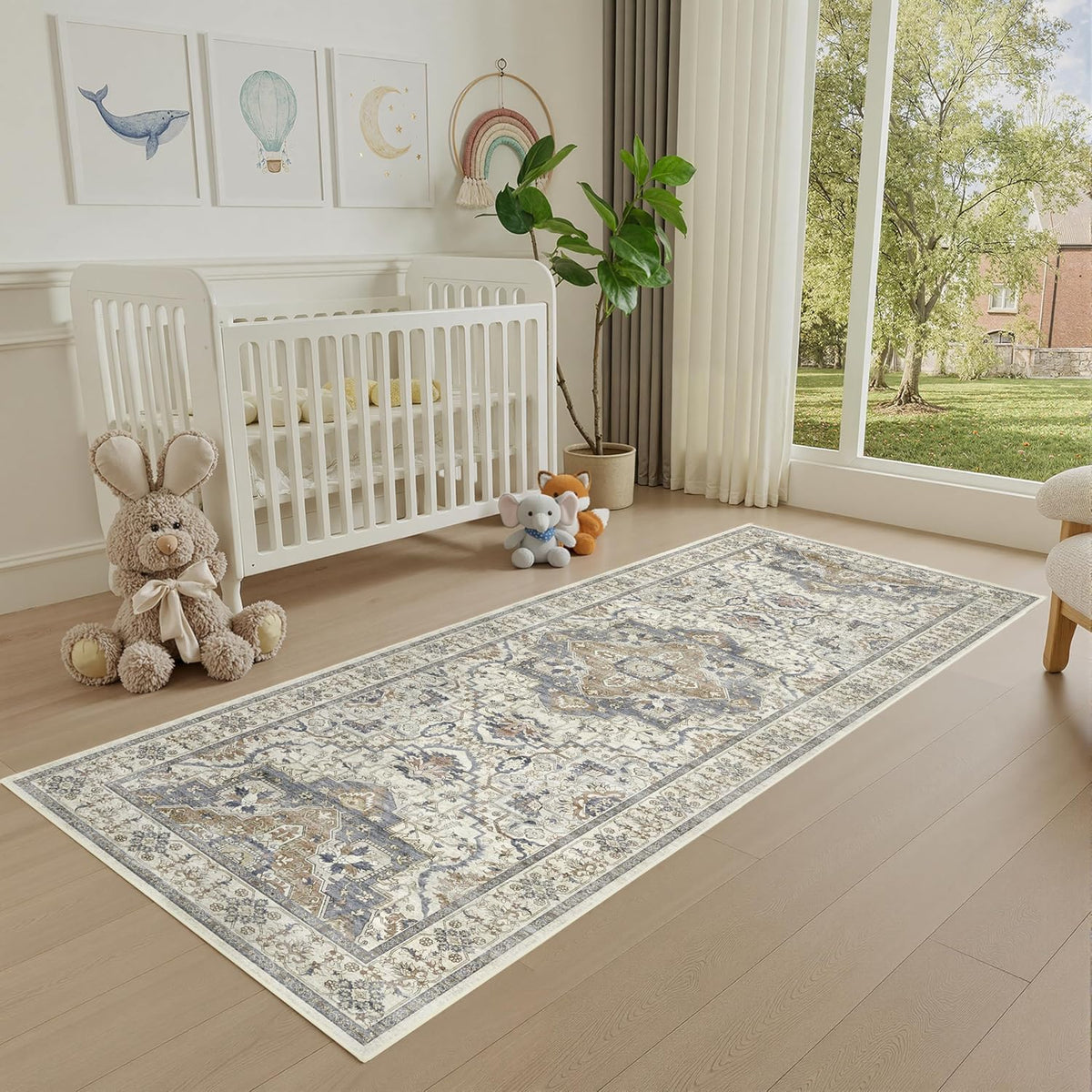2X6 Non-Slip Washable Kitchen Vintage Runner Rug, Beige Blue