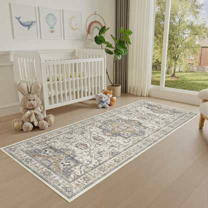 2X6 Non-Slip Washable Kitchen Vintage Runner Rug, Beige Blue