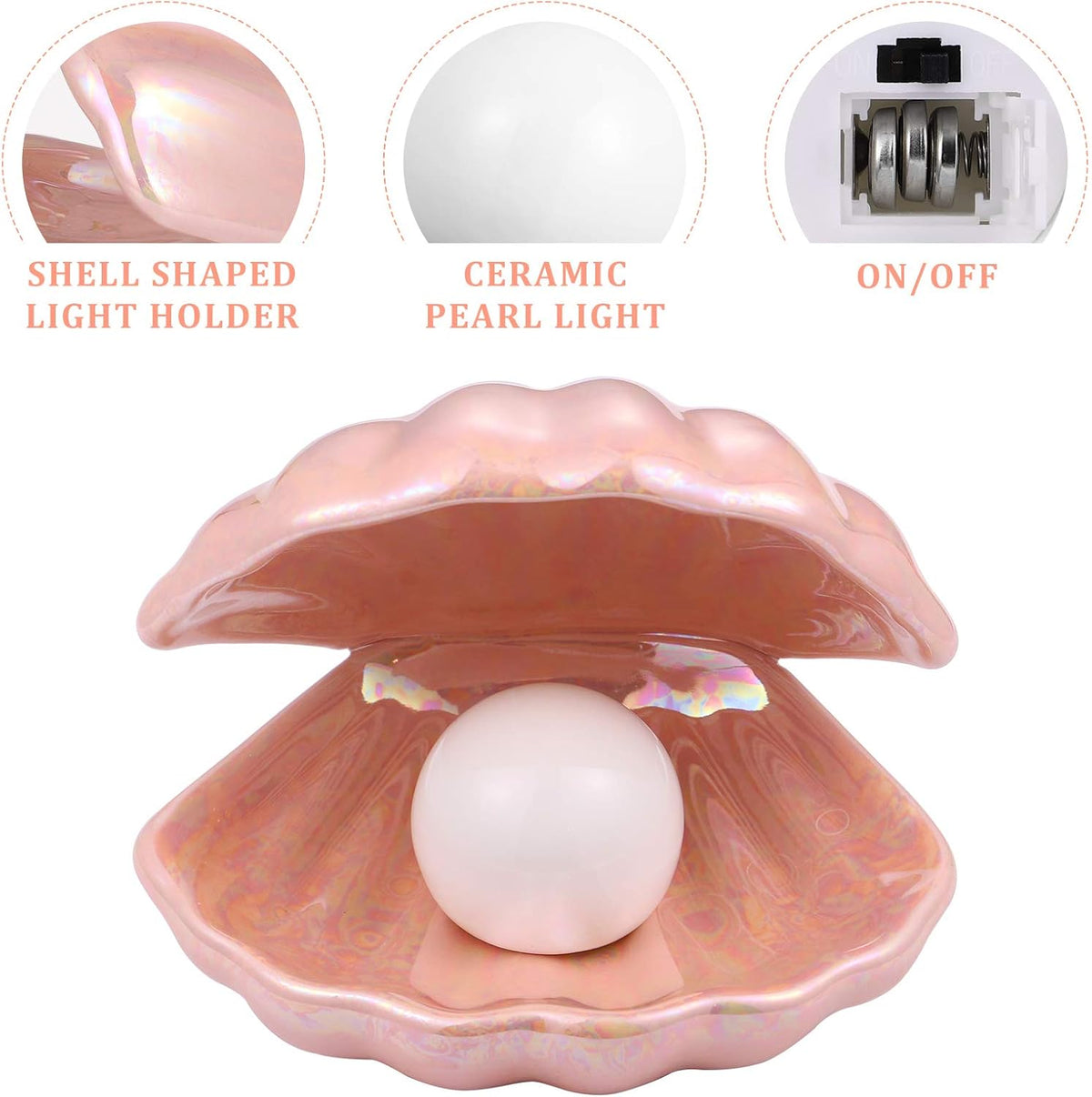 Shell Pearl Light, LED Ceramic Pearl in Shell Night Light Desktop Portable Ocean-Inspired Seashell Lamp for Bedroom Home Decor, Pink