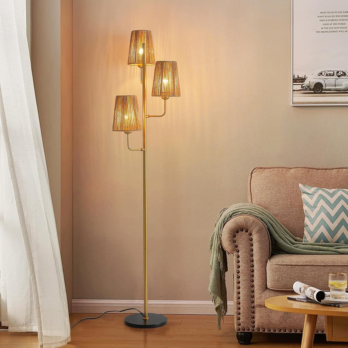 Rattan Floor Lamp for Living Room:3 Light Boho Floor Lamp for Bedroom, Gold Standing Lamp with Foot Switch, Coastal Rustic Tall Lamp, No Bulb