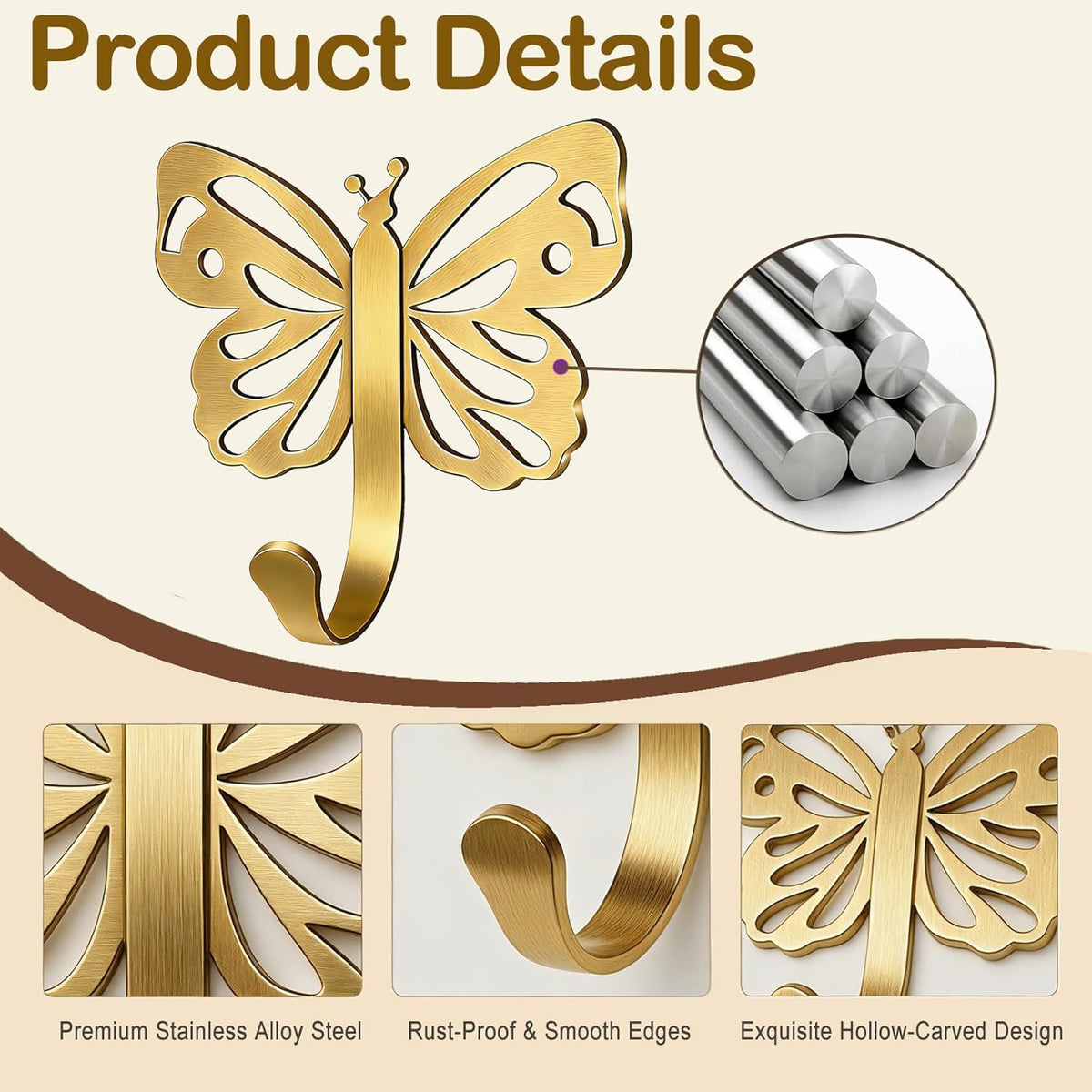Butterfly Heavy Duty Robe & Towel Hooks for Wall – 20LB Gold Brushed Towel Hooks for Bathrooms , Towel/Coat Hooks for Wall,For Outdoor, Closet, Door, Bathrooms, for Backpack, Robe，Wreath (2, Gold)