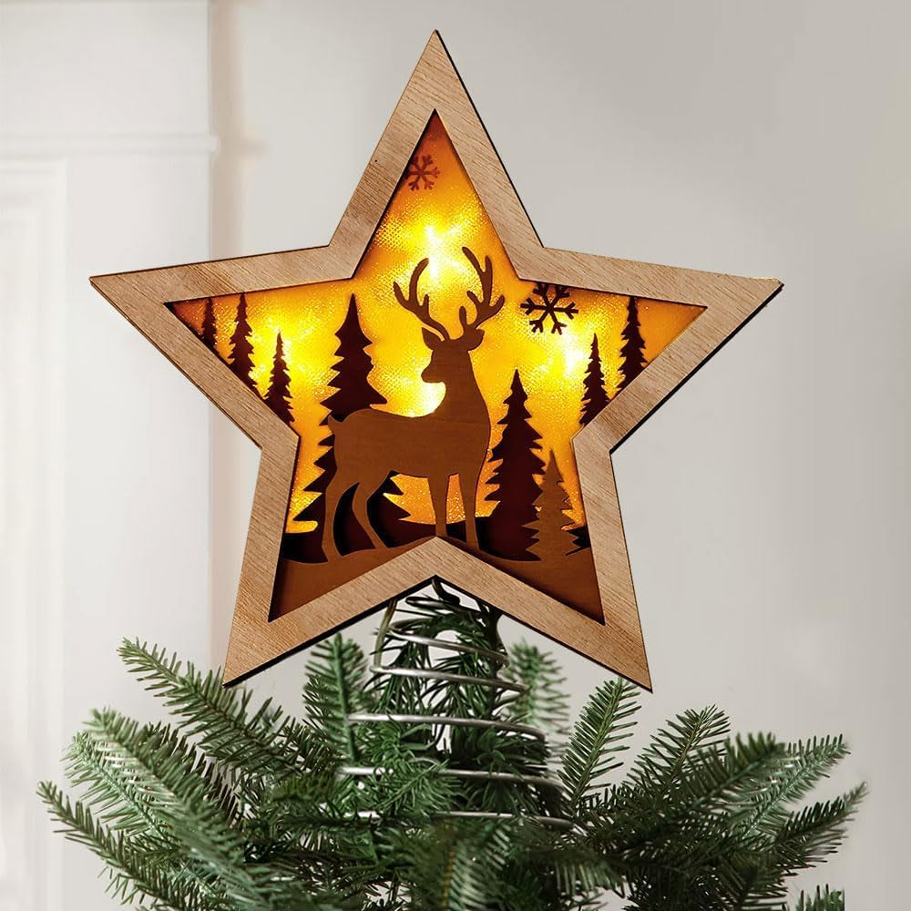 Christmas Star Tree Topper, Rustic Reindeer Wooden Tree Toppers with Warm Lights, Battery Operated LED Christmas Tree Decorations, Christmas Tree Topper Star Lighted for Indoor Home Display