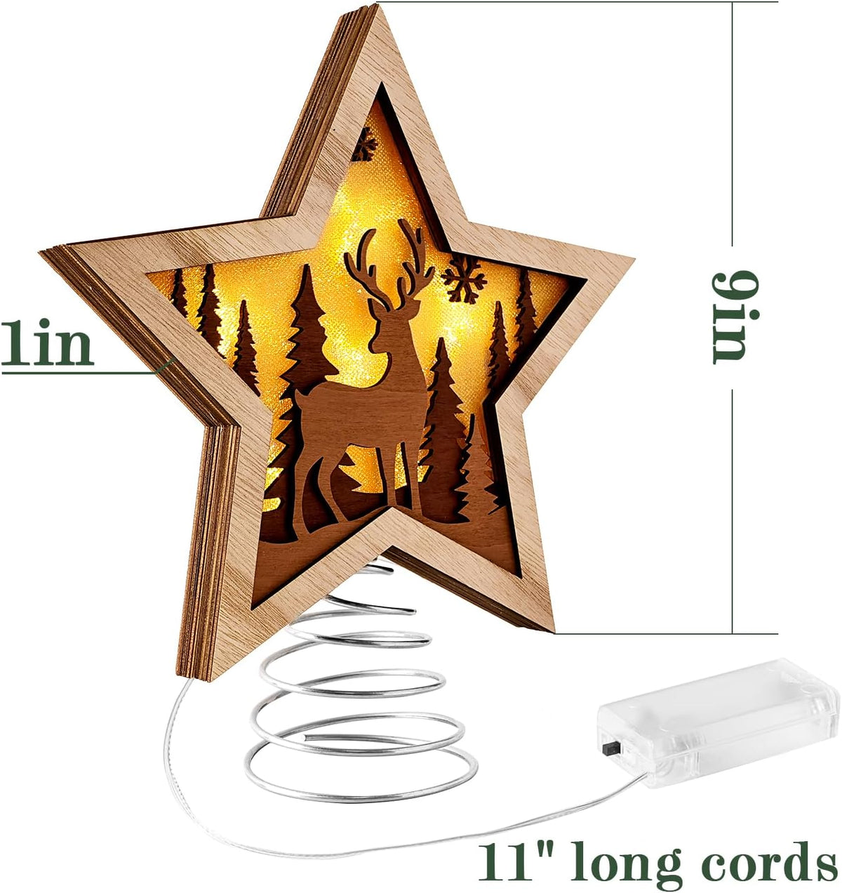 Christmas Star Tree Topper, Rustic Reindeer Wooden Tree Toppers with Warm Lights, Battery Operated LED Christmas Tree Decorations, Christmas Tree Topper Star Lighted for Indoor Home Display