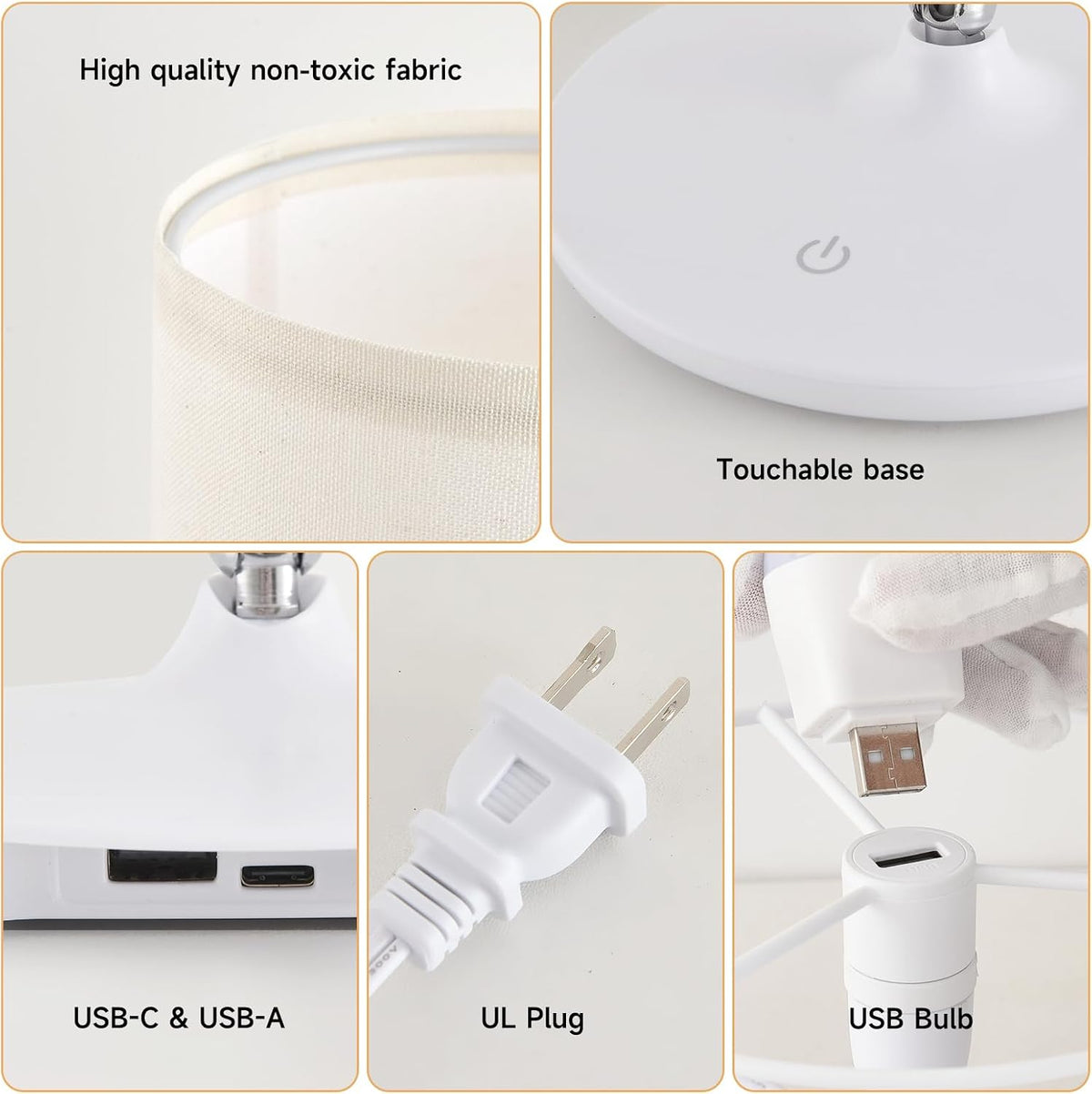 2Pcs Table Lamps Bedroom USB C+A Ports, Remote and App, Stepless Dimming and 3 Modes Dimmable Touch Nightstand Bedside USB-C Ports Small Table Lamp Fully Control Light - White