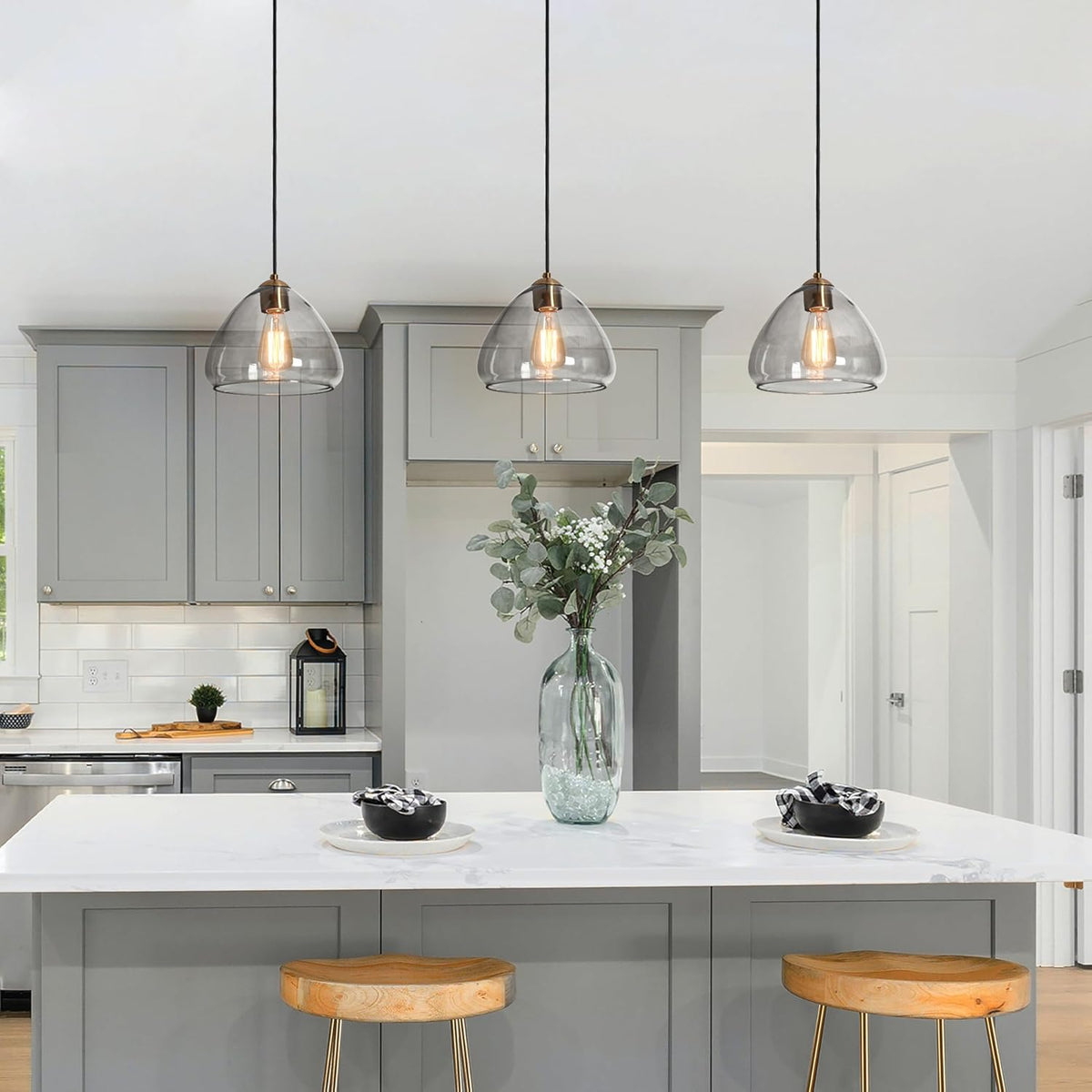 Gold Pendant Light Fixtures, 9.8" Modern Pendant Lights Kitchen Island with Smoke Gray Glass Gold Hanging Pendant Lighting for Dining Room Hallway Entryway Bedroom