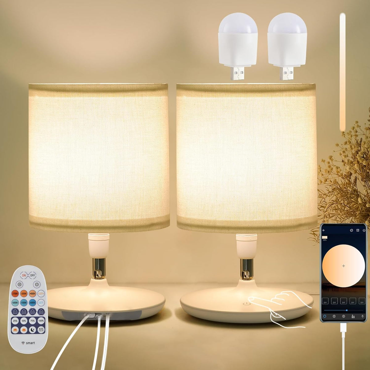 2Pcs Table Lamps Bedroom USB C+A Ports, Remote and App, Stepless Dimming and 3 Modes Dimmable Touch Nightstand Bedside USB-C Ports Small Table Lamp Fully Control Light - White