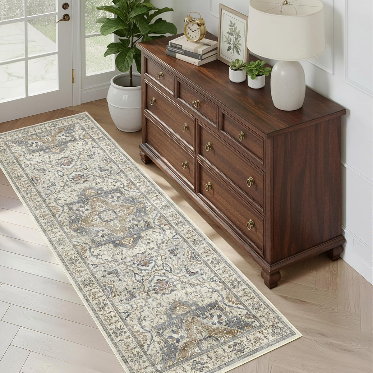 2X6 Non-Slip Washable Kitchen Vintage Runner Rug, Beige Blue